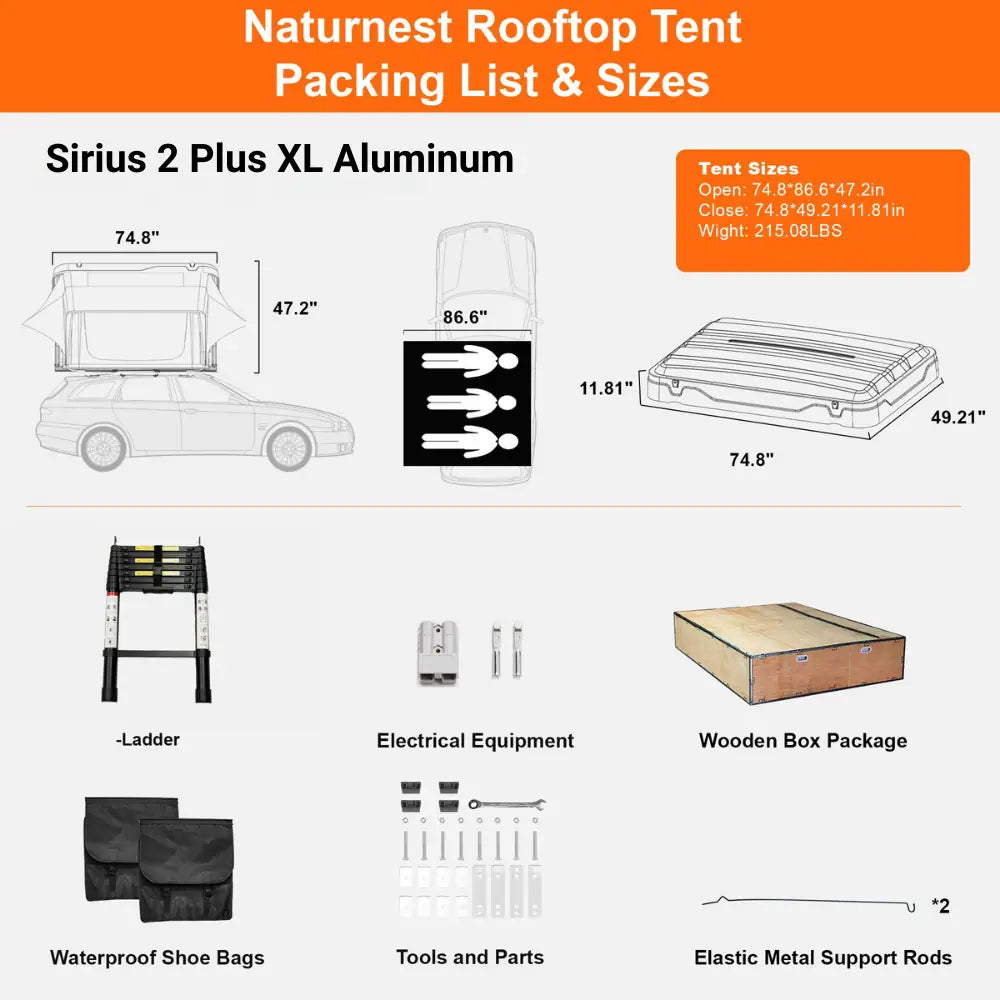 Naturnest Sirius 2 Plus XL Aluminum Clamshell Rooftop Tent